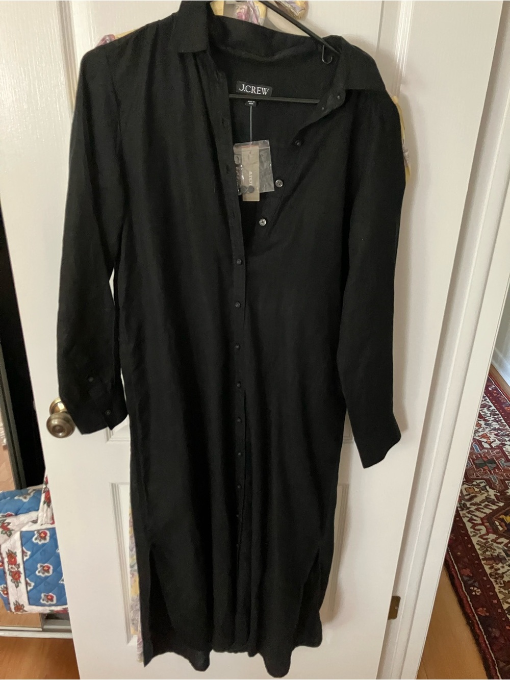 J. Crew Linen Black Long Button-Front Shirt Dress